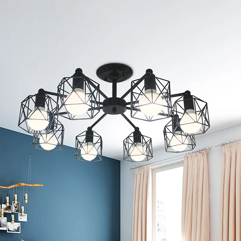 6/8 lichten Spider semi-inbouwlamp met Global Cage Shade Retro-stijl zwart metalen semi-inbouw hanglamp voor woonkamer Cle...