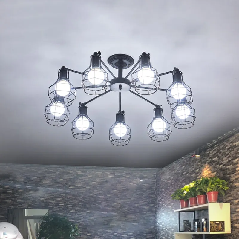 6/8 lichten Spider semi-inbouwlamp met Global Cage Shade Retro-stijl zwart metalen semi-inbouw hanglamp voor woonkamer Cle...