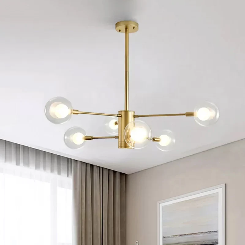 6/8 lichten woonkamer kroonluchterlamp met bol helder glazen kap moderne gouden plafondhanglamp Clearhalo
