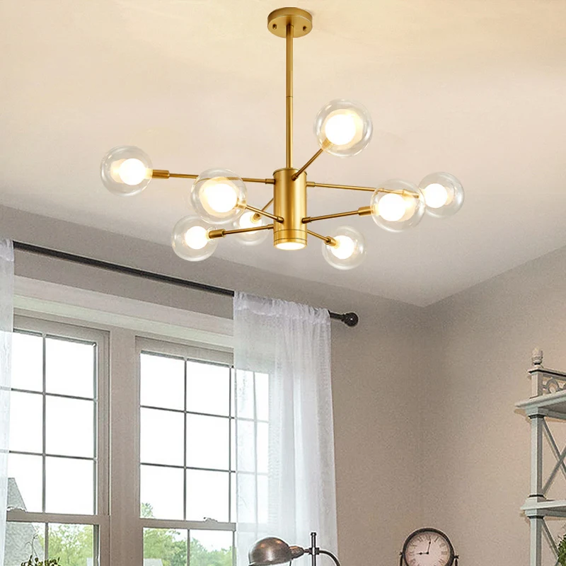 6/8 lichten woonkamer kroonluchterlamp met bol helder glazen kap moderne gouden plafondhanglamp Clearhalo