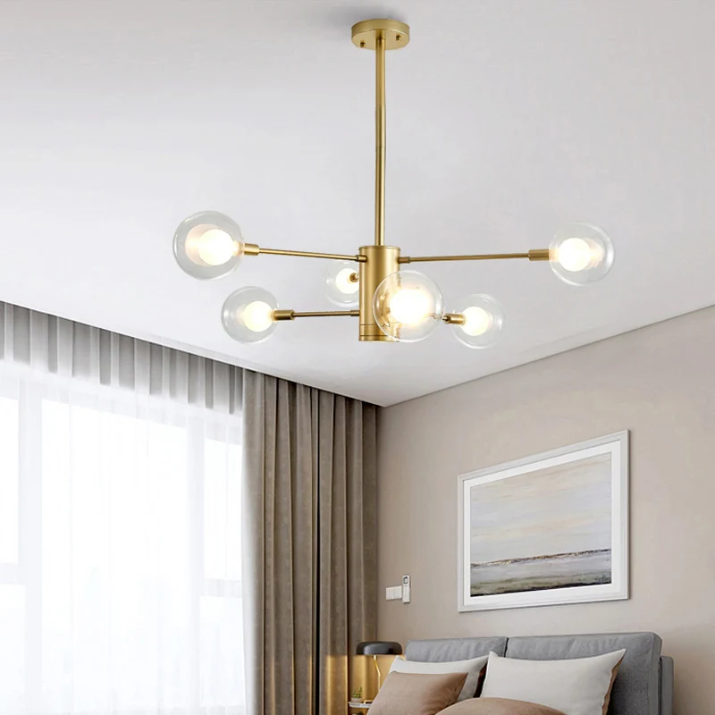 6/8 lichten woonkamer kroonluchterlamp met bol helder glazen kap moderne gouden plafondhanglamp Clearhalo