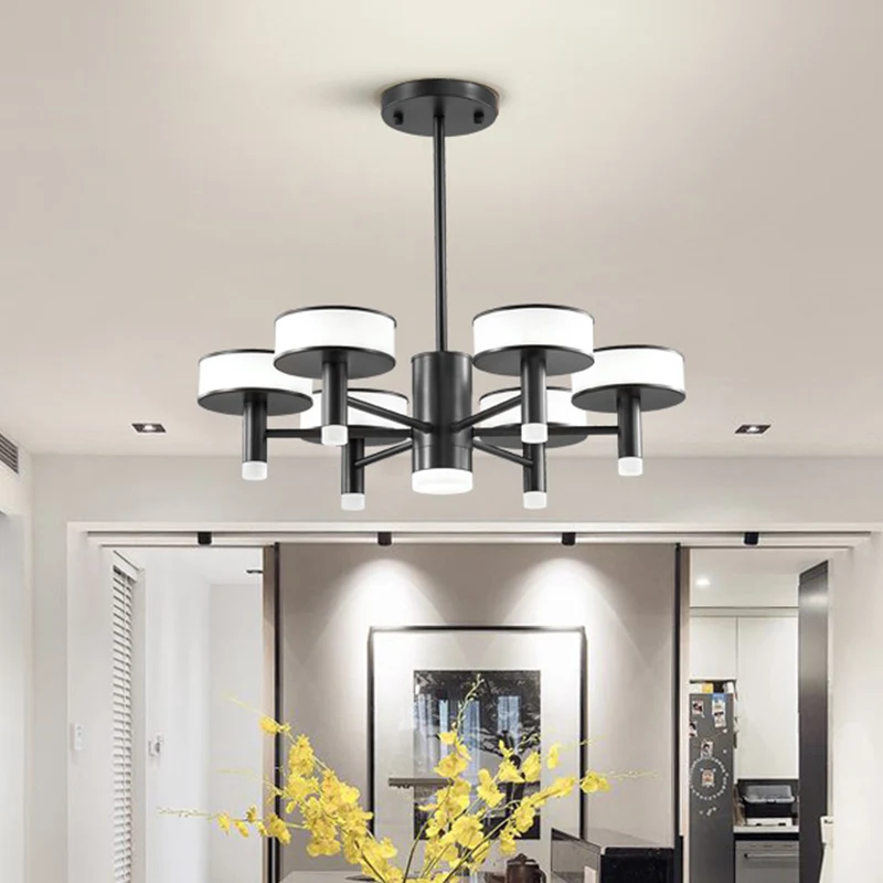 6/8 lichten woonkamer LED-kroonluchter modernistische zwarte hanglamp met trommel acryl kap, 3 kleuren licht Clearhalo