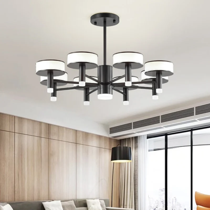 6/8 lichten woonkamer LED-kroonluchter modernistische zwarte hanglamp met trommel acryl kap, 3 kleuren licht Clearhalo