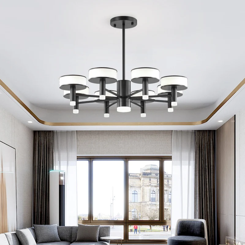 6/8 lichten woonkamer LED-kroonluchter modernistische zwarte hanglamp met trommel acryl kap, 3 kleuren licht Clearhalo