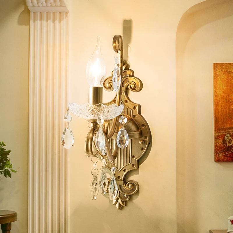 1/2 lichts metalen wandlamp vintage gouden kaars woonkamer blaker lichtarmatuur met kristallen drapering Clearhalo