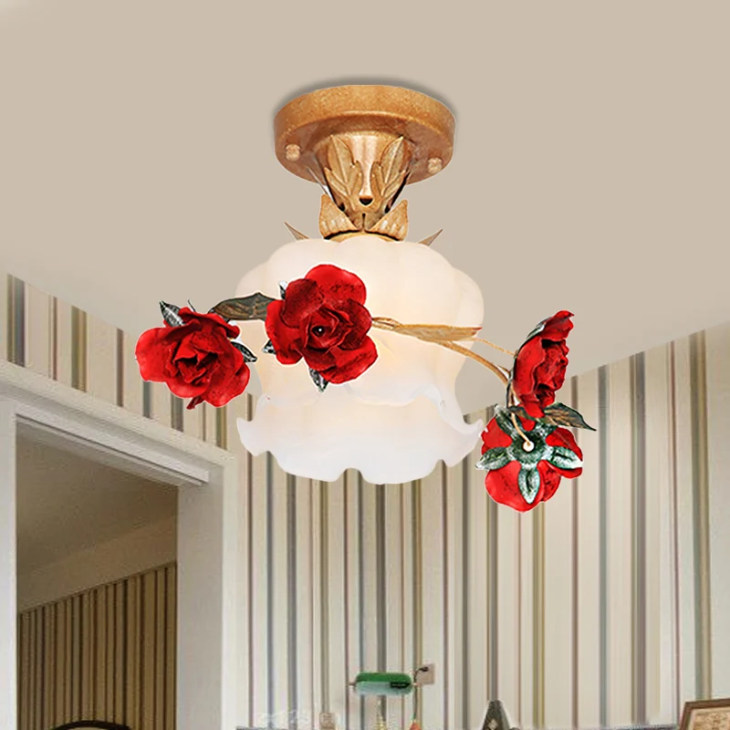 1 Light Bloom semi-inbouwmontage pastorale stijl bruin melkachtig glas dicht bij plafondverlichtingsarmatuur Clearhalo