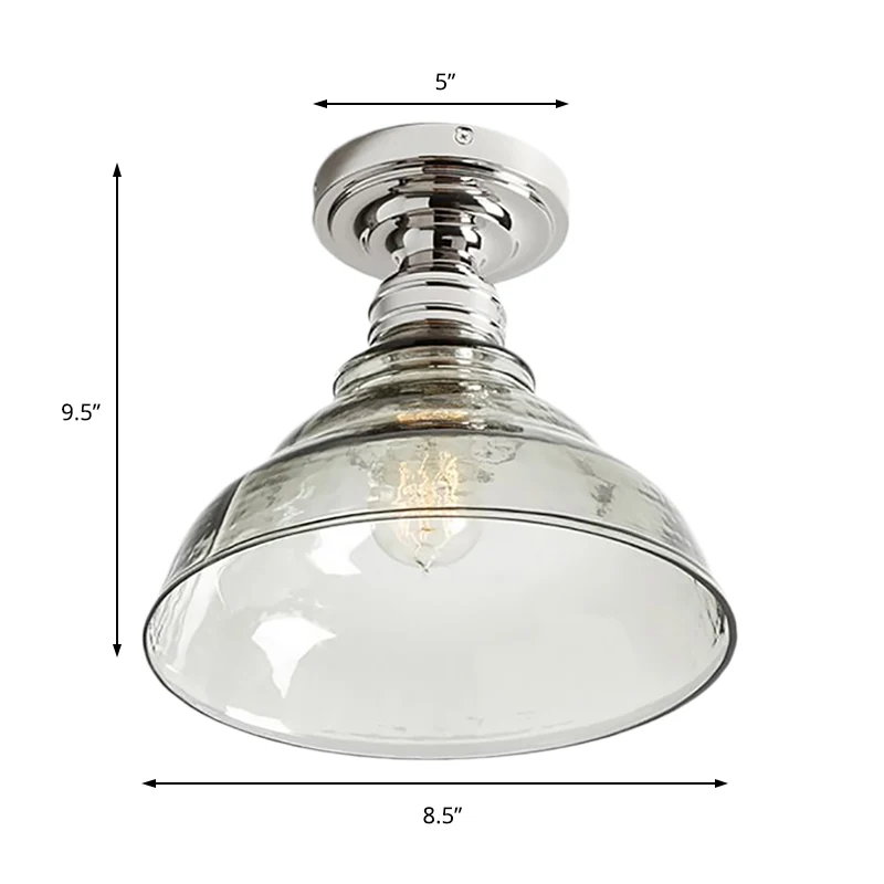 1 Light Bowl Shade Semi Flush Light Industrieel Zwart/Chroom Helder Glazen Plafondbeugel voor Woonkamer Clearhalo