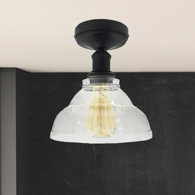 1 Light Bowl Shade Semi Flush Light Industrieel Zwart/Chroom Helder Glazen Plafondbeugel voor Woonkamer Clearhalo