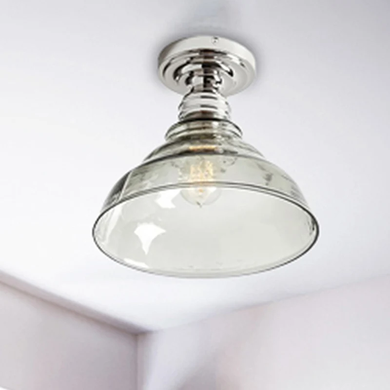 1 Light Bowl Shade Semi Flush Light Industrieel Zwart/Chroom Helder Glazen Plafondbeugel voor Woonkamer Clearhalo