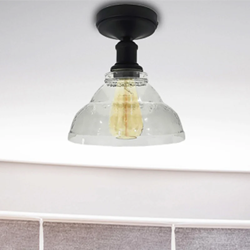 1 Light Bowl Shade Semi Flush Light Industrieel Zwart/Chroom Helder Glazen Plafondbeugel voor Woonkamer Clearhalo