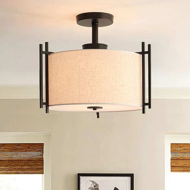 1 Light Drum Semi Flush Light Traditioneel vlasstof plafondgemonteerd armatuur voor woonkamer Clearhalo
