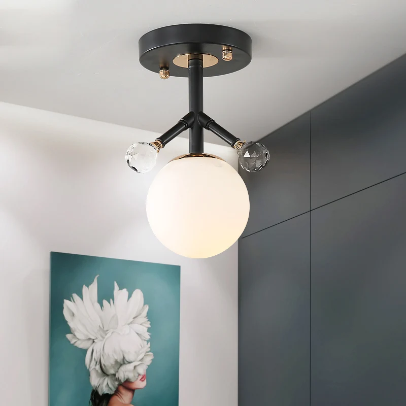 1 Light Globe Semi Flush Verlichting Moderne witte glazen en metalen plafondverlichting met kristallen bol deco Clearhalo