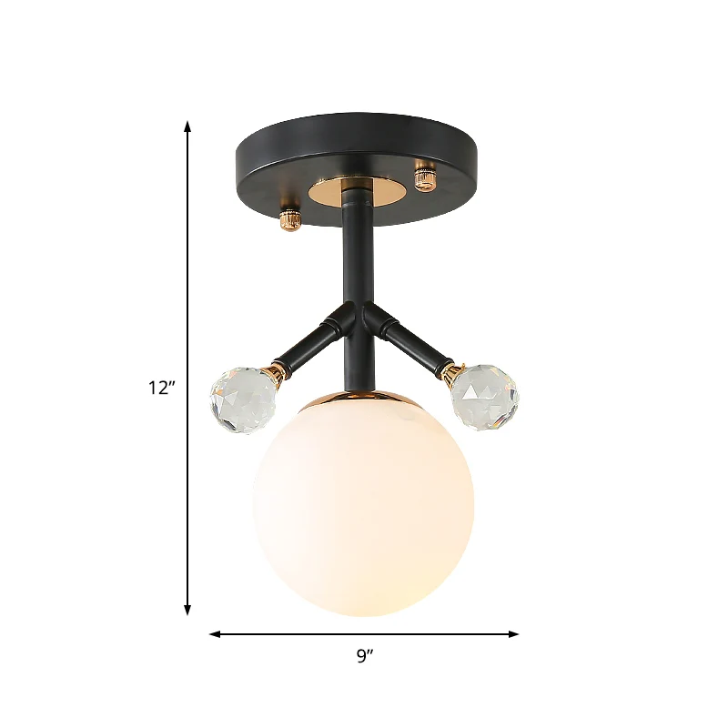 1 Light Globe Semi Flush Verlichting Moderne witte glazen en metalen plafondverlichting met kristallen bol deco Clearhalo