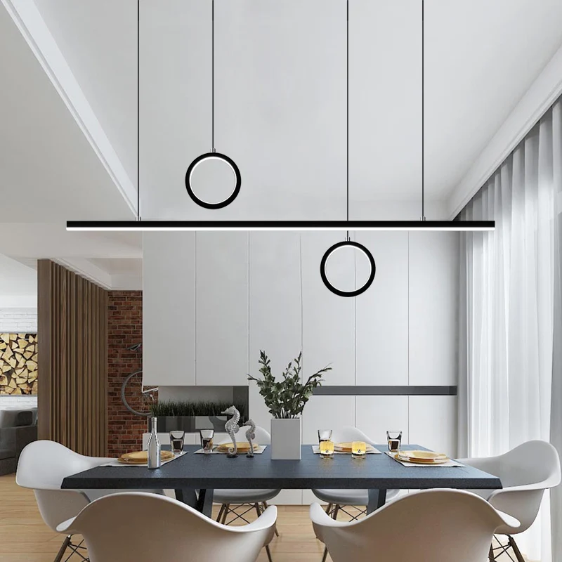 Lineaire eetkamer eiland hanglamp acryl LED Noordse kroonluchterlamp met dubbel ringontwerp zwart Clearhalo