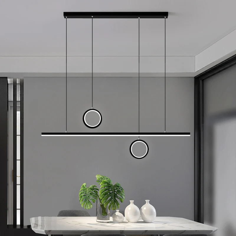 Lineaire eetkamer eiland hanglamp acryl LED Noordse kroonluchterlamp met dubbel ringontwerp zwart Clearhalo