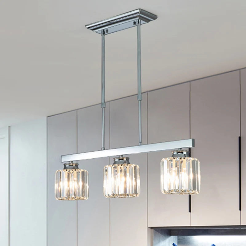 Lineaire eetkamer hangende lichtarmatuur Eenvoudige driezijdige kristallen staaf 3/4 koppen Silver Island-lamp Clearhalo