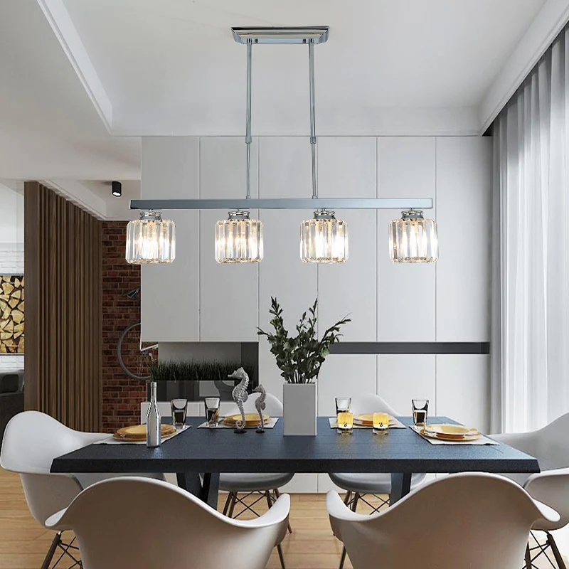 Lineaire eetkamer hangende lichtarmatuur Eenvoudige driezijdige kristallen staaf 3/4 koppen Silver Island-lamp Clearhalo
