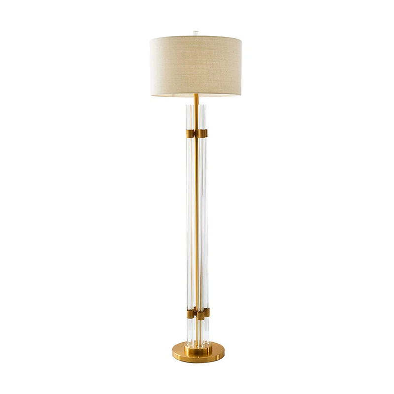 Lineaire slaapkamervloerlamp Nordic Crystal Rod LED Beige staande verlichting met trommelstofkap Clearhalo