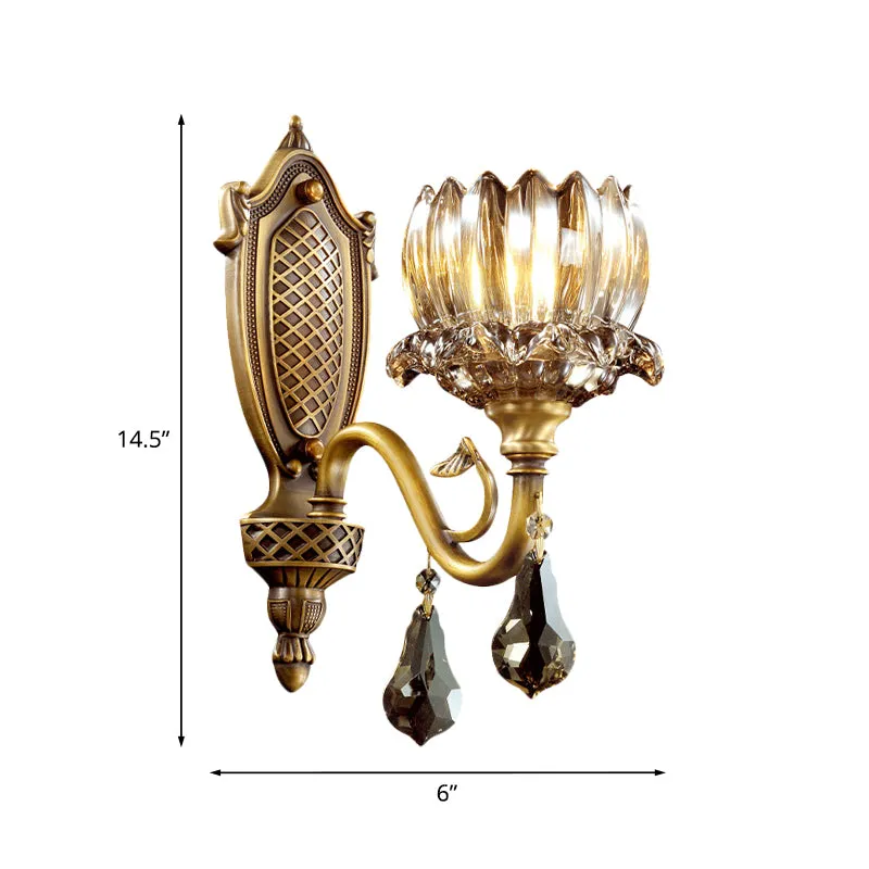Lotus Amber Glazen Wandlamp Antiek 1 Kops Woonkamer Wandkandelaar met Kristallen Pendalogues Messing Clearhalo