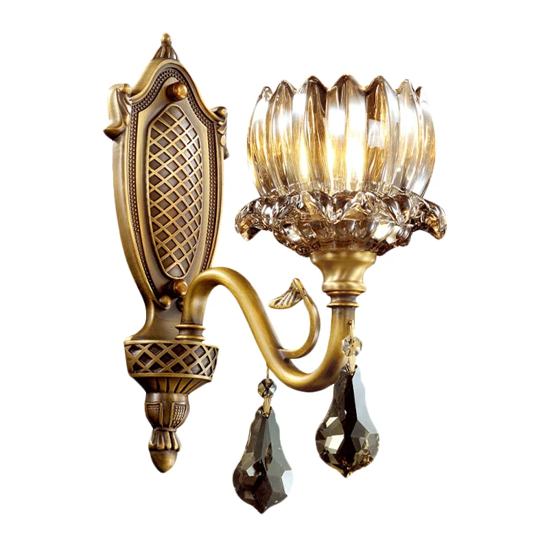 Lotus Amber Glazen Wandlamp Antiek 1 Kops Woonkamer Wandkandelaar met Kristallen Pendalogues Messing Clearhalo