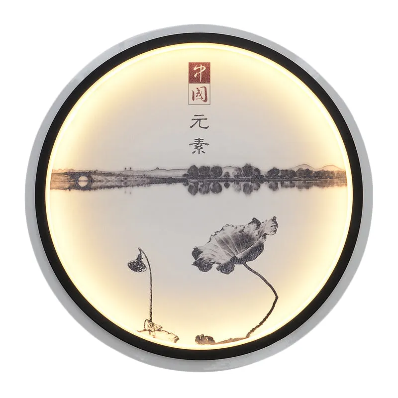 Lotus Lake Tearoom LED-wandlamp Stof Chinese stijl Muurschildering Blaker Verlichting zwart Clearhalo