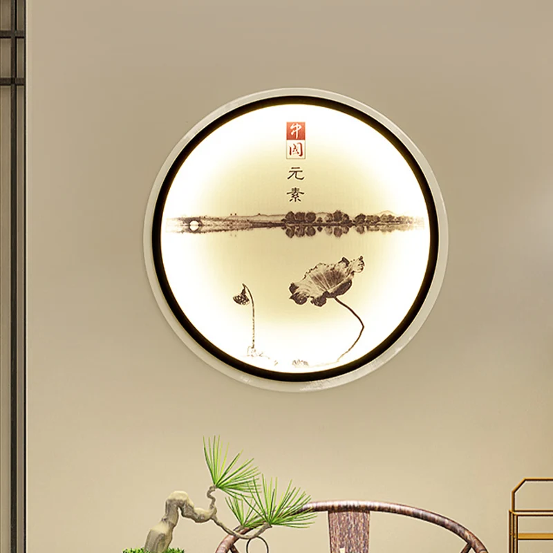 Lotus Lake Tearoom LED-wandlamp Stof Chinese stijl Muurschildering Blaker Verlichting zwart Clearhalo