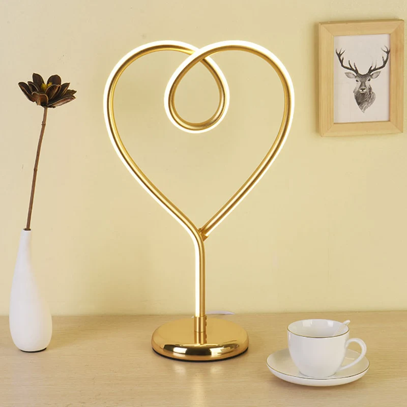 Loving Heart Nachtverlichting Eenvoudige metalen wit/gouden LED-bureaulamp met rond voetstuk warm/wit licht voor slaapkame...