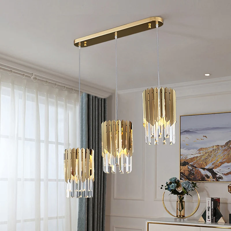 Luxe gelaagde clusterhanger 3-kops helder kristal rechthoekig hanglicht goud voor eetkamer Clearhalo
