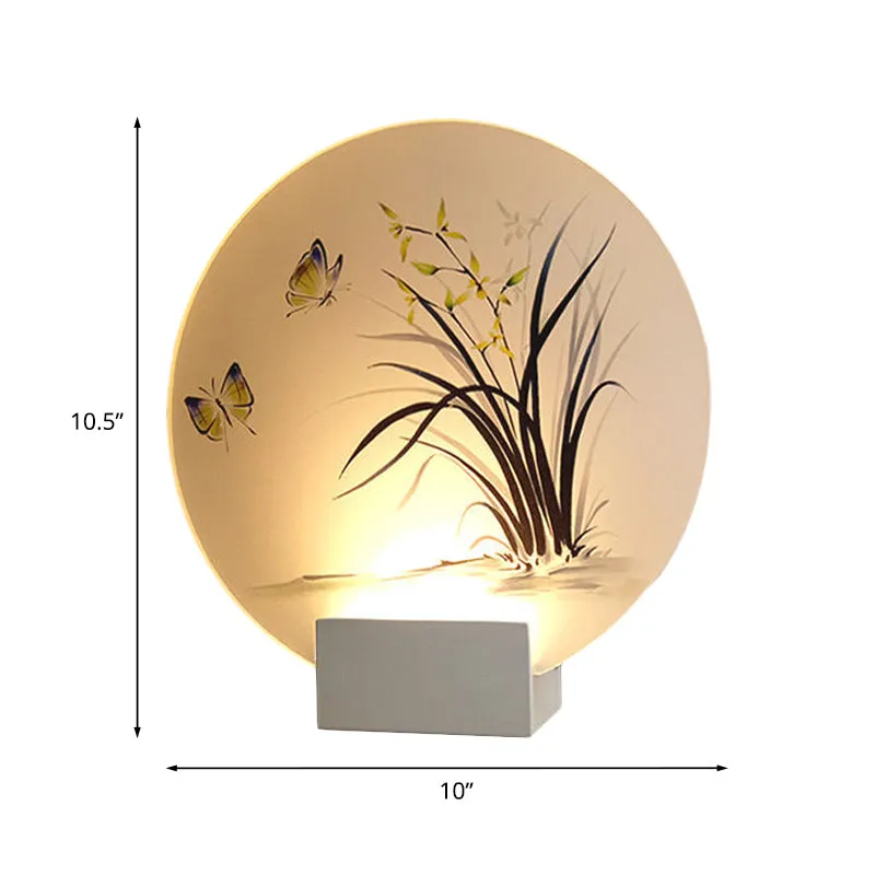 Maanvormige acryl wandmontage verlichting Aziatische witte LED-muurschilderinglamp met vlinder- en orchideepatroon Clearhalo