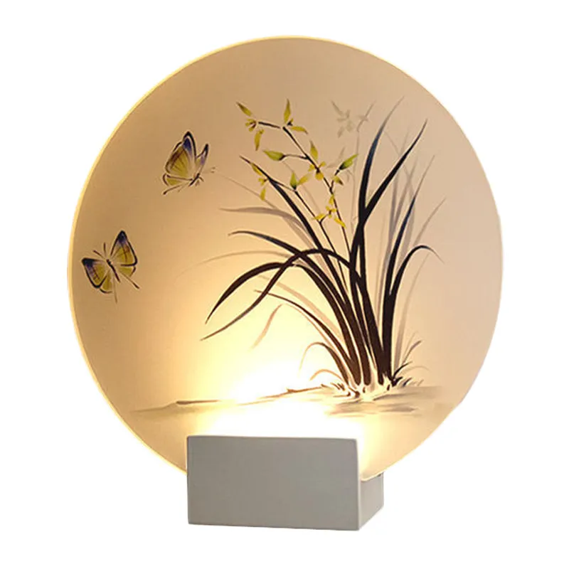 Maanvormige acryl wandmontage verlichting Aziatische witte LED-muurschilderinglamp met vlinder- en orchideepatroon Clearhalo