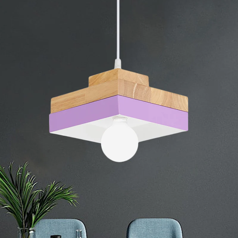 Macaron cirkel/vierkant neerwaartse verlichting metaal 1-lichts woonkamer hangende plafondlamp oranje/paars/geel en hout C...