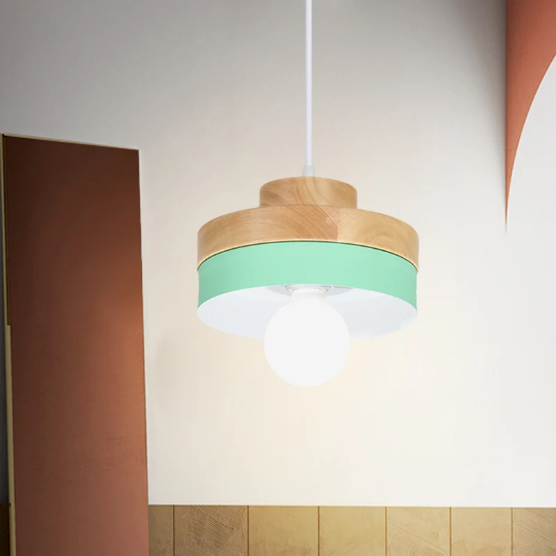 Macaron cirkel/vierkant neerwaartse verlichting metaal 1-lichts woonkamer hangende plafondlamp oranje/paars/geel en hout C...
