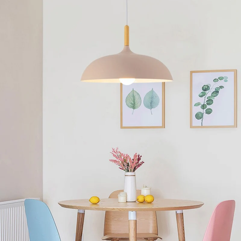 Macaron Dome hanglamp metaal 1-lichts eetkamer hanglamp met houten blad Clearhalo