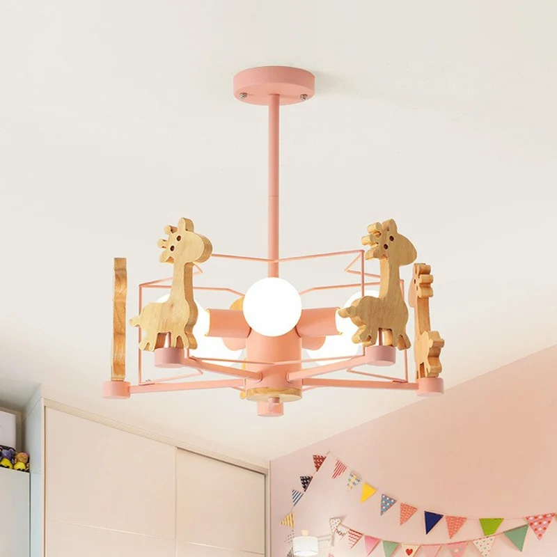 Macaron gekooide hanglamp metallic 6-kops kinderkamer kroonluchterlamp met houten hertendecor Clearhalo
