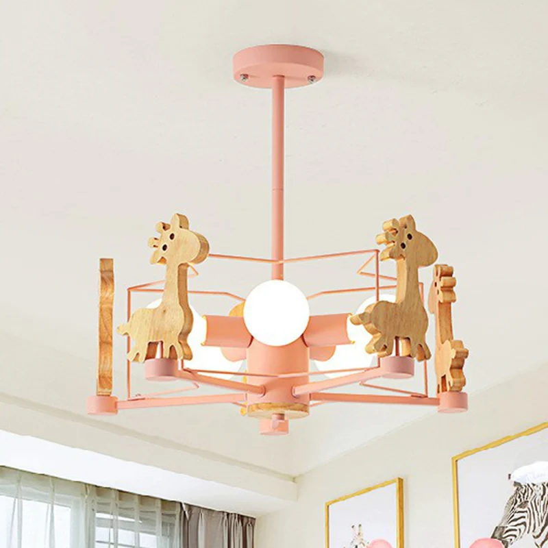 Macaron gekooide hanglamp metallic 6-kops kinderkamer kroonluchterlamp met houten hertendecor Clearhalo