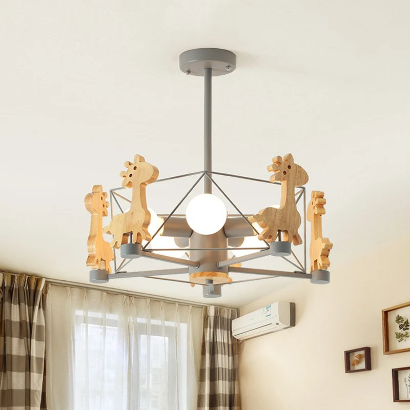 Macaron gekooide hanglamp metallic 6-kops kinderkamer kroonluchterlamp met houten hertendecor Clearhalo