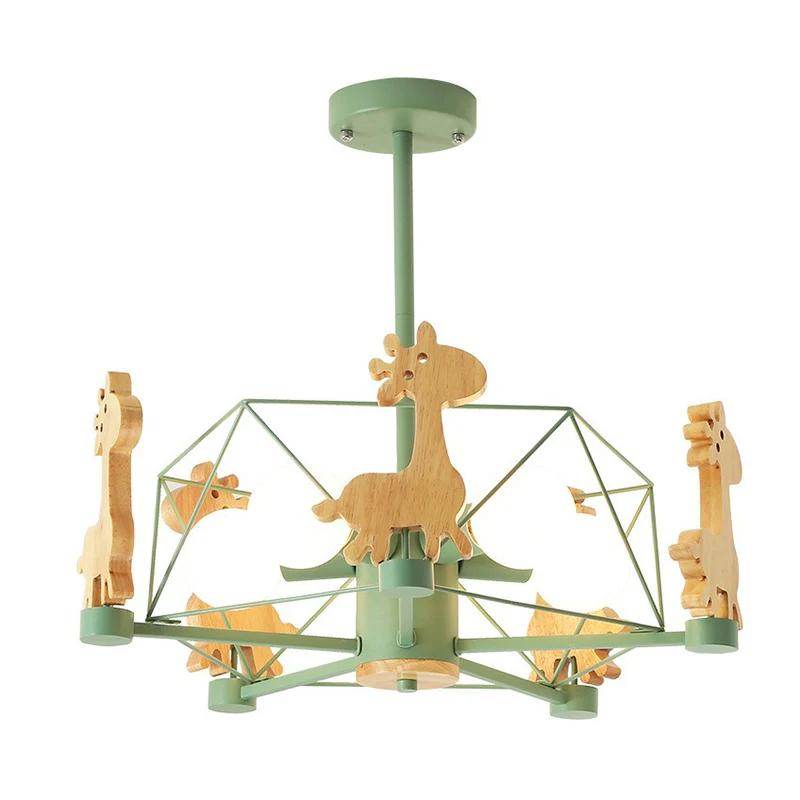 Macaron gekooide hanglamp metallic 6-kops kinderkamer kroonluchterlamp met houten hertendecor Clearhalo