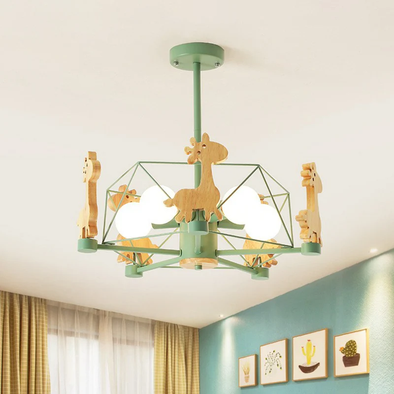 Macaron gekooide hanglamp metallic 6-kops kinderkamer kroonluchterlamp met houten hertendecor Clearhalo