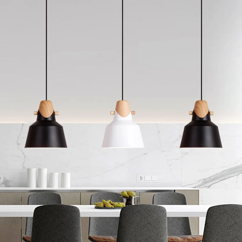 Macaron Stijlvolle Barn Shade Hanglamp 1-lichts Hangende plafondlamp van metaal en hout zwart/wit Clearhalo
