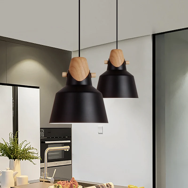 Macaron Stijlvolle Barn Shade Hanglamp 1-lichts Hangende plafondlamp van metaal en hout zwart/wit Clearhalo
