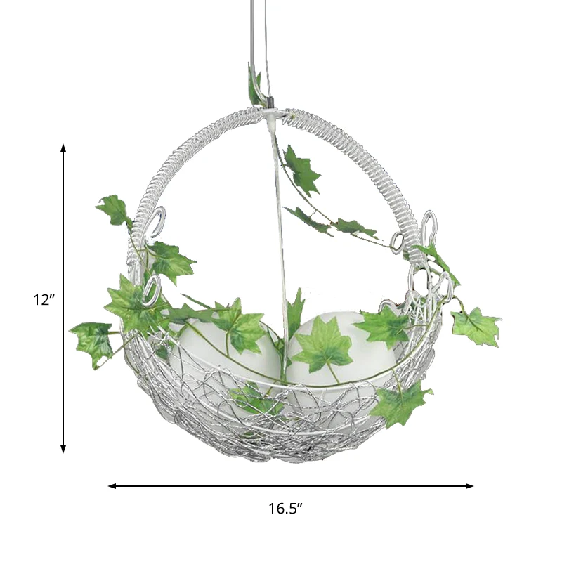 Mandkroonluchter met 2 lampen, pastorale witte metalen hanger met bolvormige opalen glazen kap en bladdecor Clearhalo