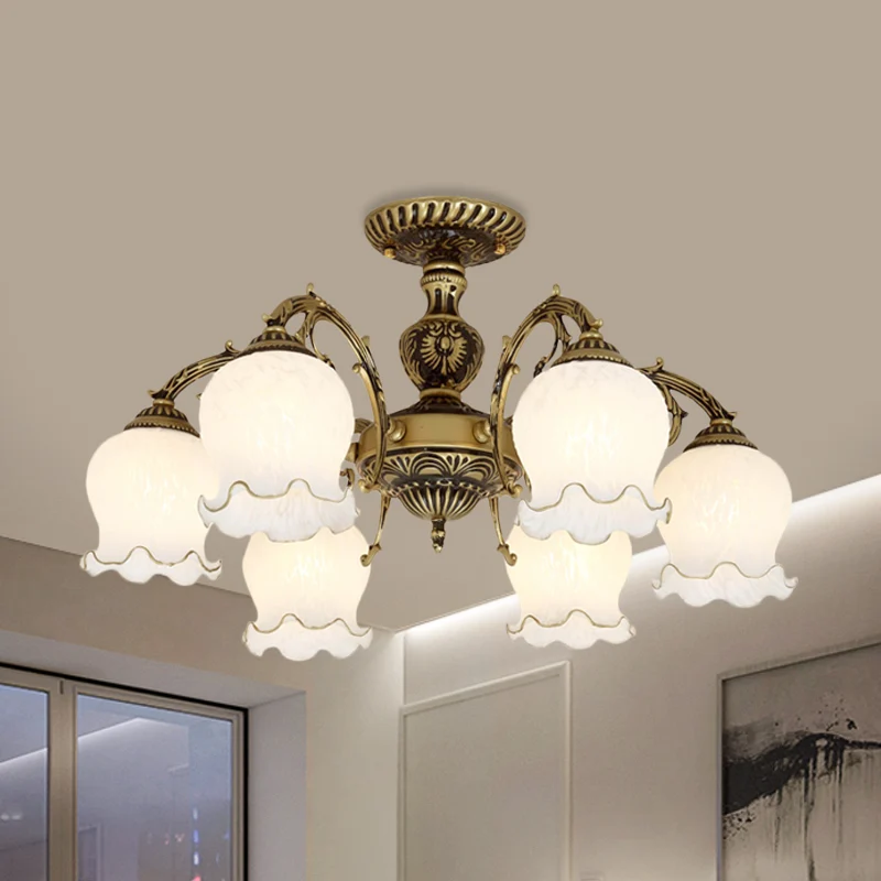Mat wit glas brons semi-inbouwlamp bloem 3/5/6-lamps antiek verzonken plafondverlichting Clearhalo