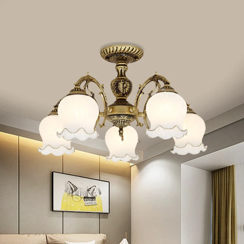 Mat wit glas brons semi-inbouwlamp bloem 3/5/6-lamps antiek verzonken plafondverlichting Clearhalo