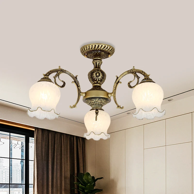 Mat wit glas brons semi-inbouwlamp bloem 3/5/6-lamps antiek verzonken plafondverlichting Clearhalo