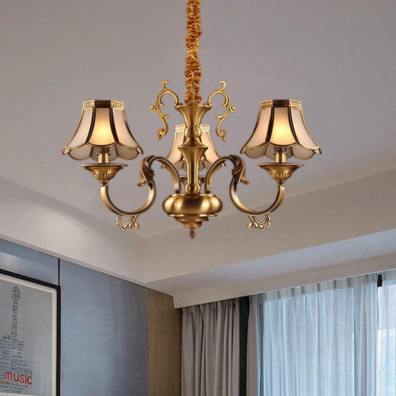 Matglas gouden hanger kroonluchter geschulpte 3/5/6 lampen koloniale hangende verlichtingsarmatuur met radiaal ontwerp Cle...