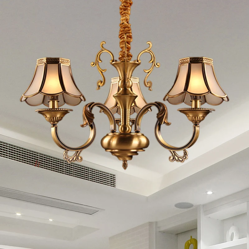 Matglas gouden hanger kroonluchter geschulpte 3/5/6 lampen koloniale hangende verlichtingsarmatuur met radiaal ontwerp Cle...