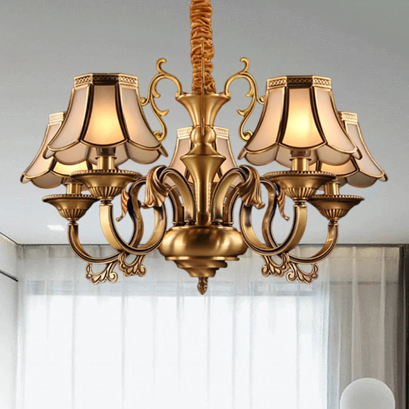 Matglas gouden hanger kroonluchter geschulpte 3/5/6 lampen koloniale hangende verlichtingsarmatuur met radiaal ontwerp Cle...