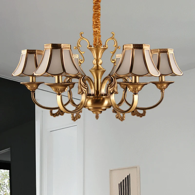 Matglas gouden hanger kroonluchter geschulpte 3/5/6 lampen koloniale hangende verlichtingsarmatuur met radiaal ontwerp Cle...
