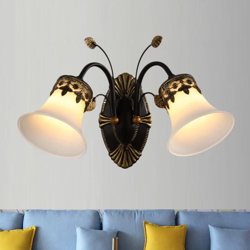 Matglas zwarte wandkandelaar bel 1/2-licht vintage wandmontage lichtarmatuur met gebogen arm voor foyer Clearhalo