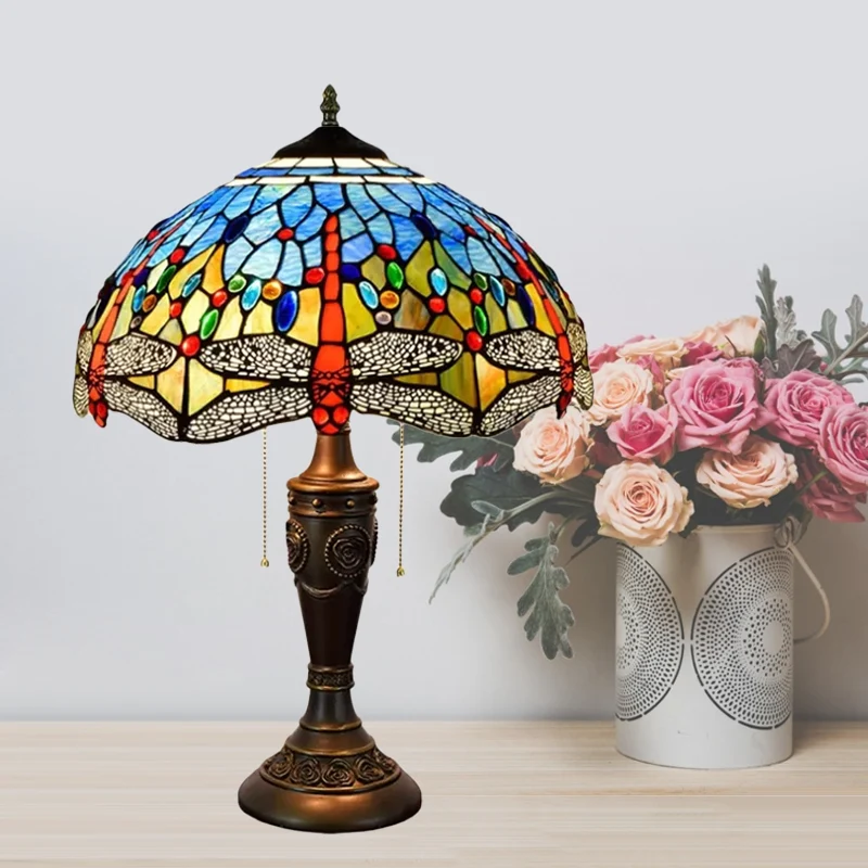 Mediterrane Libellen Juwelen Tafellamp 2 Lampen Blauw-Groen/Geel-Blauw Glazen Nachtkastje Licht Met Trekketting Schakelaar...